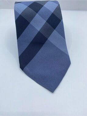 Burberry Blue and Navy Diagonal Plaid Silk Tie Small Hole